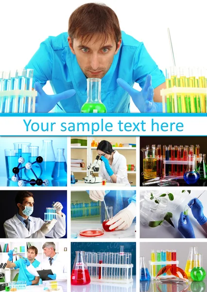 Collage de científicos y experimentos de laboratorio — Foto de Stock