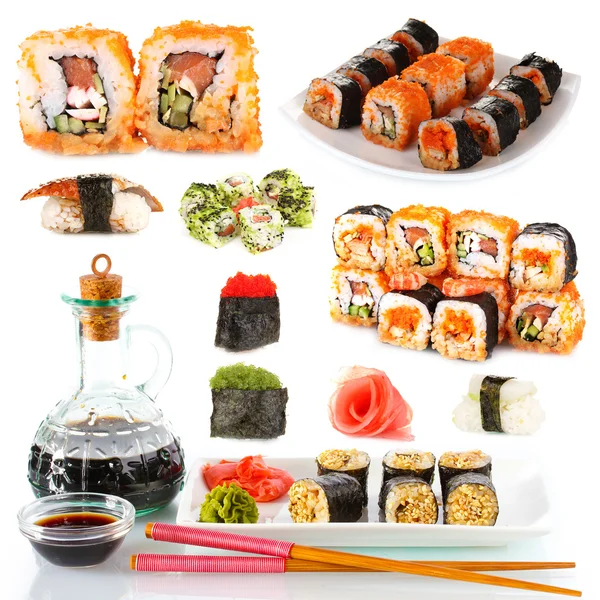 Sabroso collage de sushi aislado en blanco —  Fotos de Stock