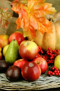 meyve ve tablo yakın çekim üzerinde pumpkins sonbahar kompozisyon