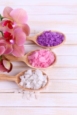 güzel çiçek ile natürmort orkide çiçek ve renk ahşap zemin üzerinde deniz tuzu ile tahta kaşıklar