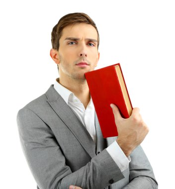 Genç öğretmen ile üzerine beyaz izole kitap