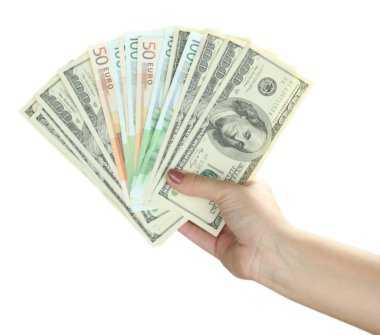 el ile dolar yakın çekim üzerinde beyaz izole
