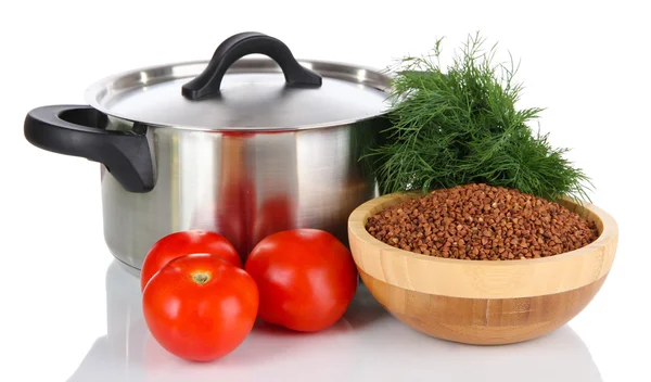 Ingredientes para cocinar trigo sarraceno aislado en blanco — Foto de Stock