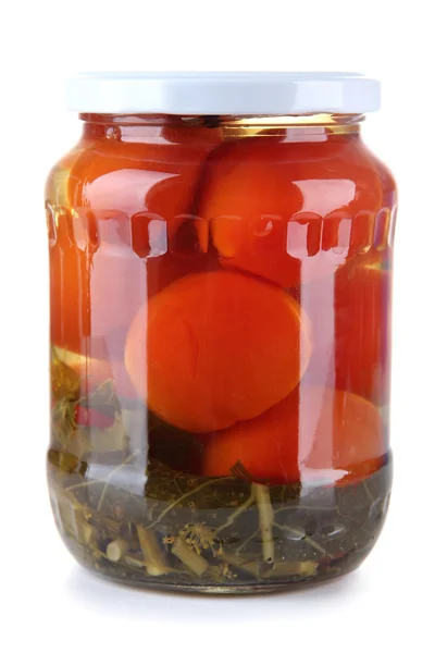 Sabrosos tomates enlatados en frasco de vidrio, aislados en blanco — Foto de Stock