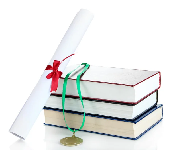 Medal for achievement in education with diploma and books isolated on white — Stock Photo, Image