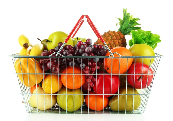 Different fruits and vegetables in metal basket isolated on white — Stock Photo, Image