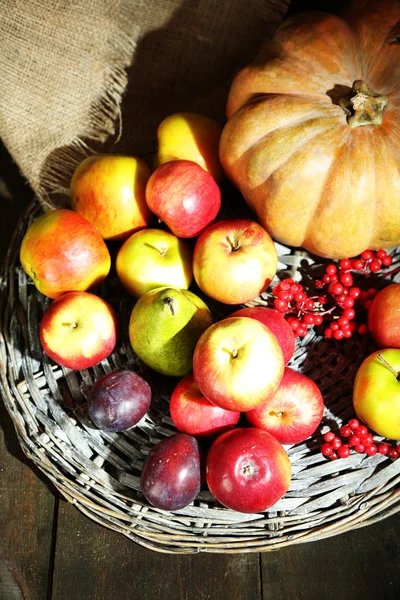 Осенний состав фруктов и тыкв на столе крупным планом — стоковое фото