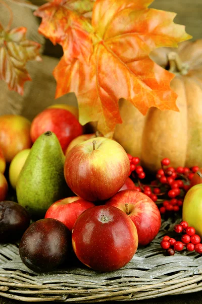 Herfst samenstelling van fruit en pompoenen op tabel close-up — Stockfoto