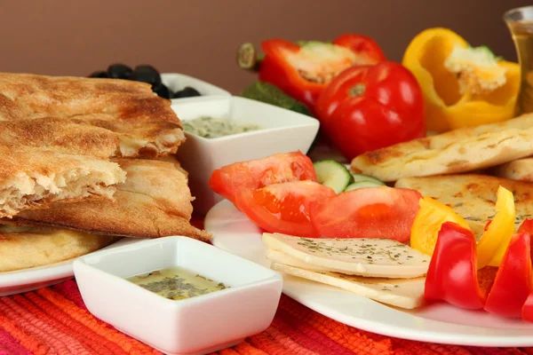 Traditional Turkish breakfast on table on brown background — Stock Photo, Image