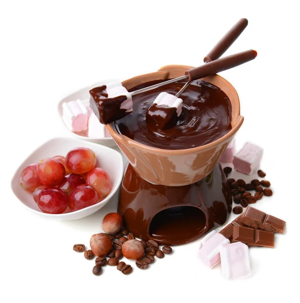 마쉬 멜 로우 사탕과 과일, 흰색 절연 초콜릿 퐁듀 — 스톡 사진