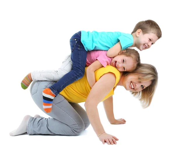 Little children with nice mom isolated on white — Stock Photo, Image