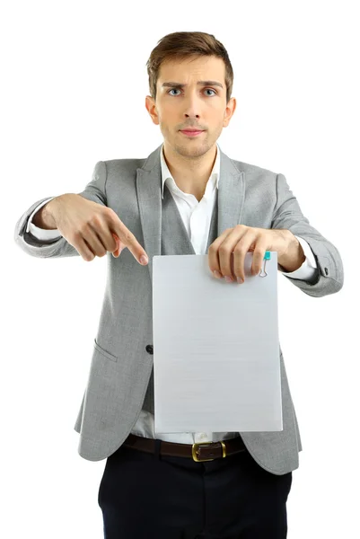 Pruebas de revisión de profesores jóvenes aislados en blanco — Foto de Stock