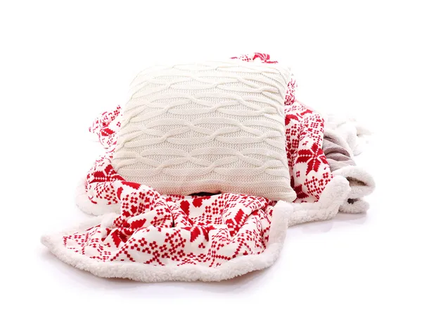White pillow and colorful plaids isolated on white — Stock Photo, Image