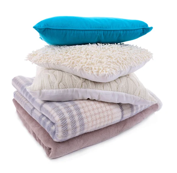 Colorful pillows and plaids isolated on white — Stock Photo, Image