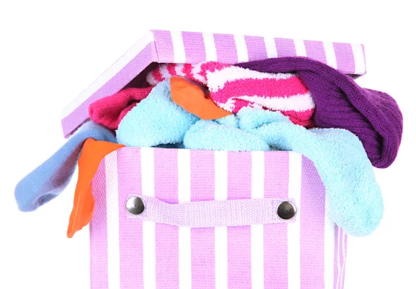 Textile box with different socks, isolated on white — Stock Photo, Image