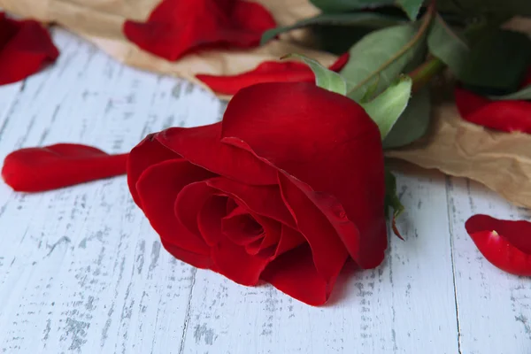 Beautiful red rose on wooden table close-up — Stock Photo, Image