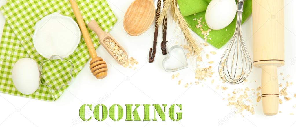 Cooking concept. Basic baking ingredients and kitchen tools isolated on white