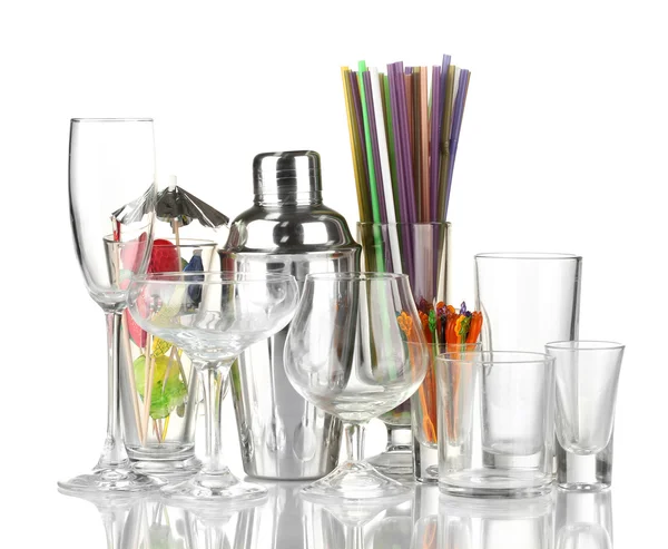 Cocktail shaker and glasses isolated on white — Stock Photo, Image