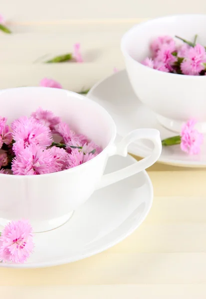 Many small pink cloves in cups on wooden background — Stock Photo, Image
