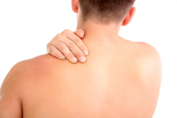 Young man with neck pain, isolated on white — Stock Photo, Image