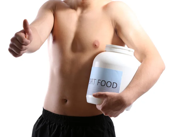 Bello giovane sportivo muscolare con cibo proteico, isolato su bianco — Foto Stock