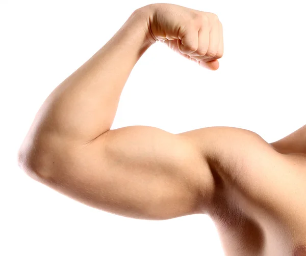 Jonge gespierde man hand met biceps, geïsoleerd op wit — Stockfoto