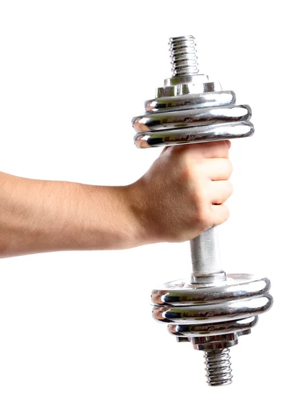 Sportman hand met dumbbell, geïsoleerd op wit — Stockfoto