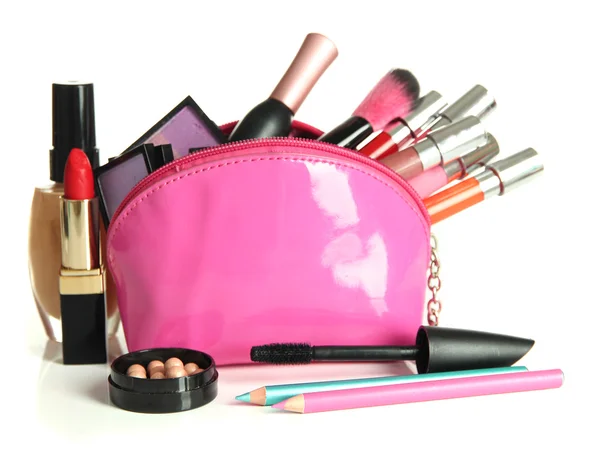 Mooie make-up tas met cosmetica, geïsoleerd op wit — Stockfoto