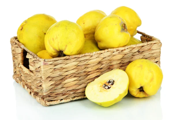 Sweet quinces in wicker basket isolated on white — Stock Photo, Image