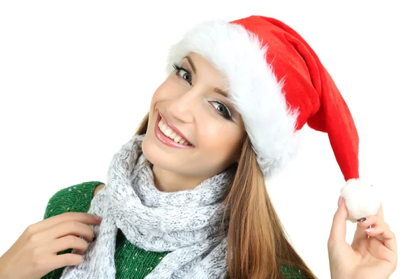 Schöne lächelnde Mädchen im neuen Jahr Hut isoliert auf weiß — Stockfoto