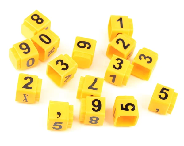 Educational cubes with different numbers isolated on white — Stock Photo, Image