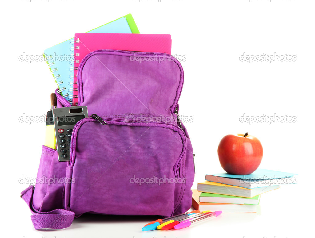 Purple backpack with school supplies isolated on white