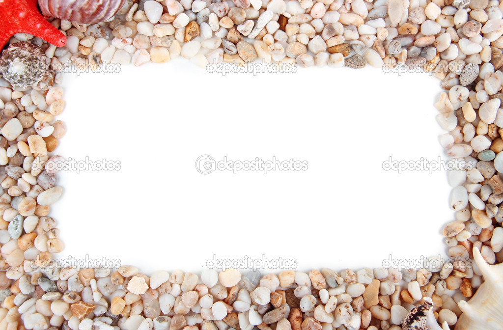 Frame of small sea stones and shells, isolated on white
