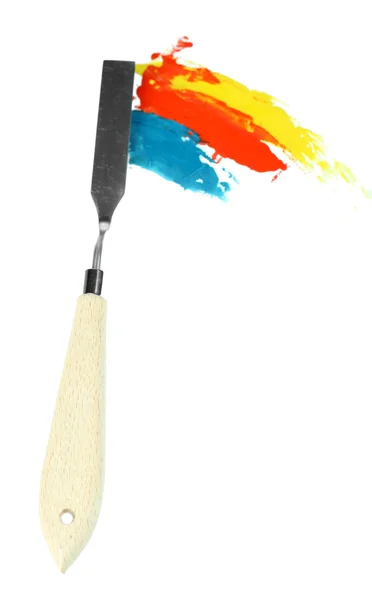 Painting palette knife with paints isolated on white — Stock Photo, Image