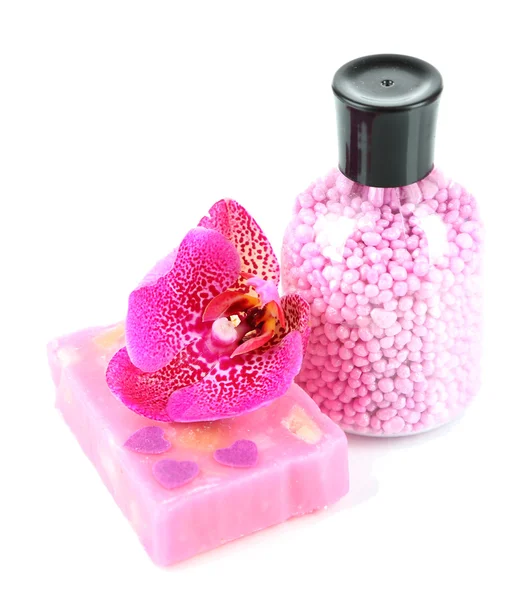 Sea salt, soap and orchid isolated on white — Stock Photo, Image