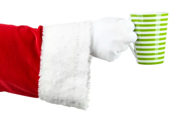 Santa holding mug in his hand, isolated on white — Stock Photo, Image