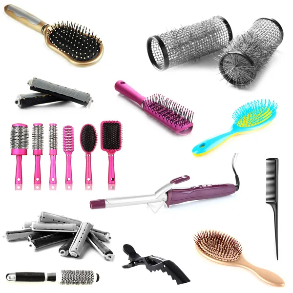 Collage of hairdressing tools isolated on white — Stock Photo, Image