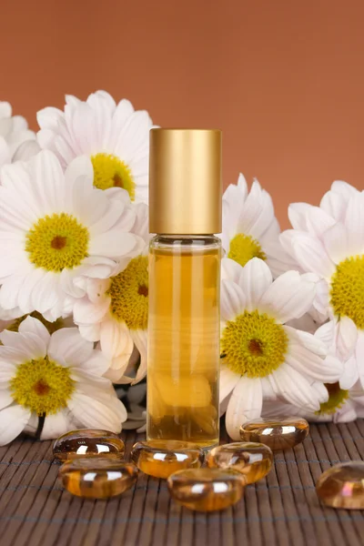 Perfume de mujer en hermosa botella con manzanillas sobre fondo marrón —  Fotos de Stock