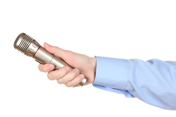 Male hand with microphone isolated on white — Stock Photo, Image