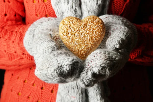 Female hands in mittens with heart, close-up — Stock Photo, Image