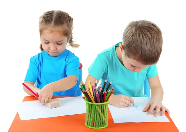 Little children drawing isolated on white — Stock Photo, Image