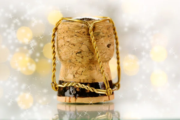 Sughero Champagne su sfondo luci di Natale — Foto Stock