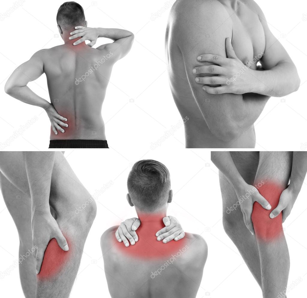 Collage representing man having pain at several part of body