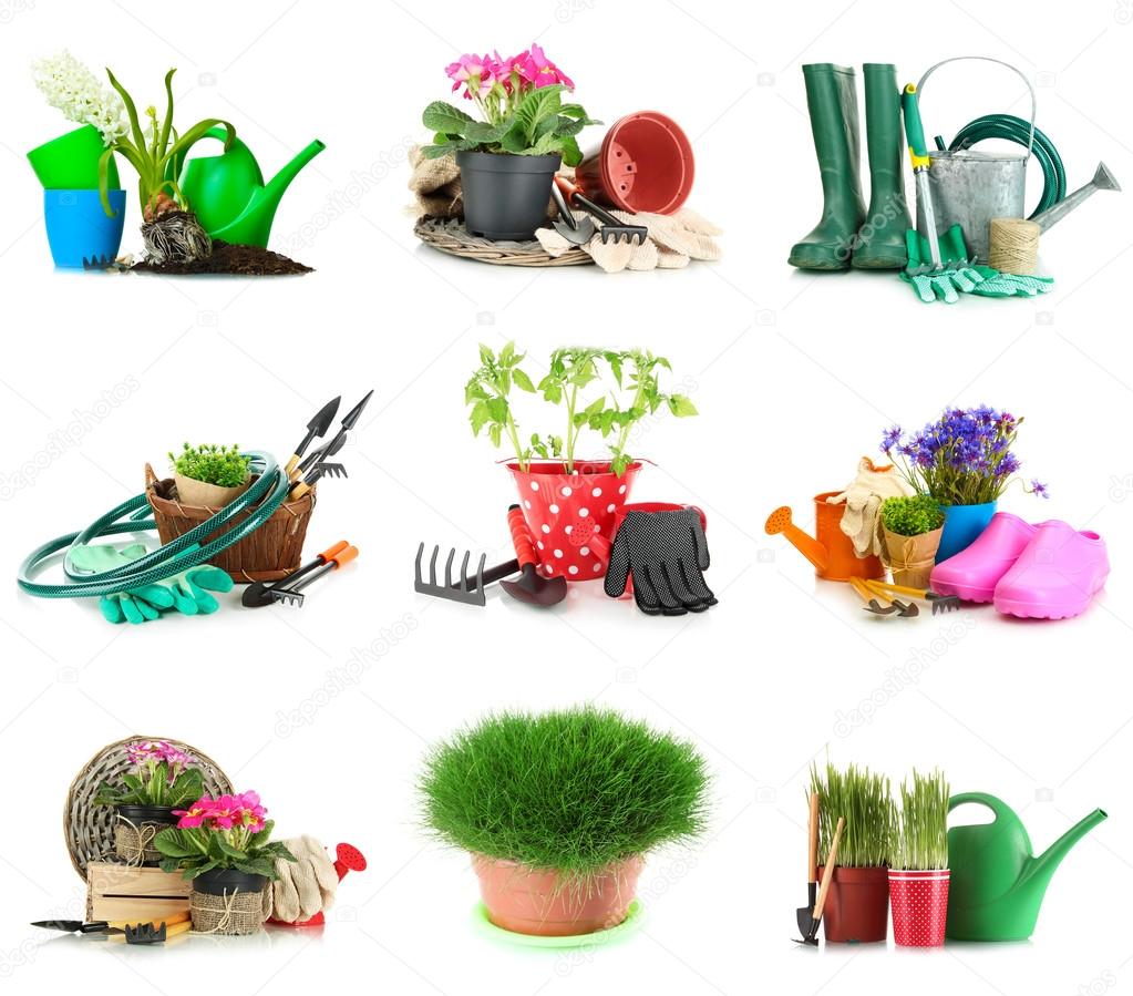 Collage of gardening equipment isolated on white