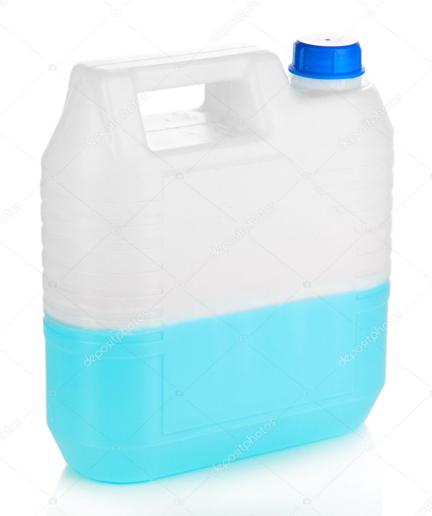 Blue liquid for car in canister isolated on white