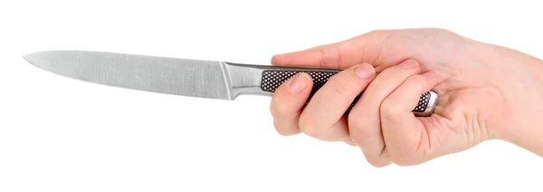 Mão humana com faca de cozinha isolada em branco — Fotografia de Stock