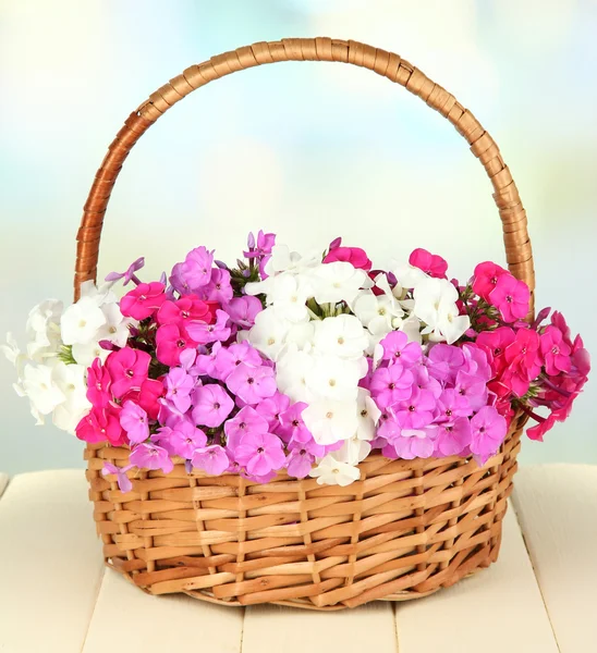 Piękny bukiet kwiaty domowe w wiklinowym koszu na stole na jasnym tle — Zdjęcie stockowe