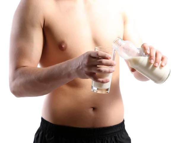 タンパク質、ドリンク、白で隔離されるでハンサムな若い筋肉スポーツマン — ストック写真
