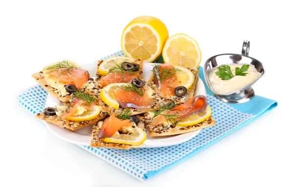 Zalm broodjes op plaat geïsoleerd op wit — Stockfoto