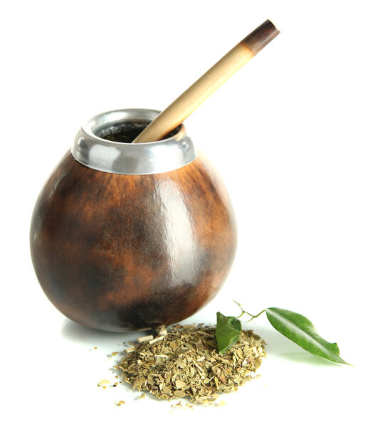 Калабаш и бомбилла с мате йерба изолированы на белом
